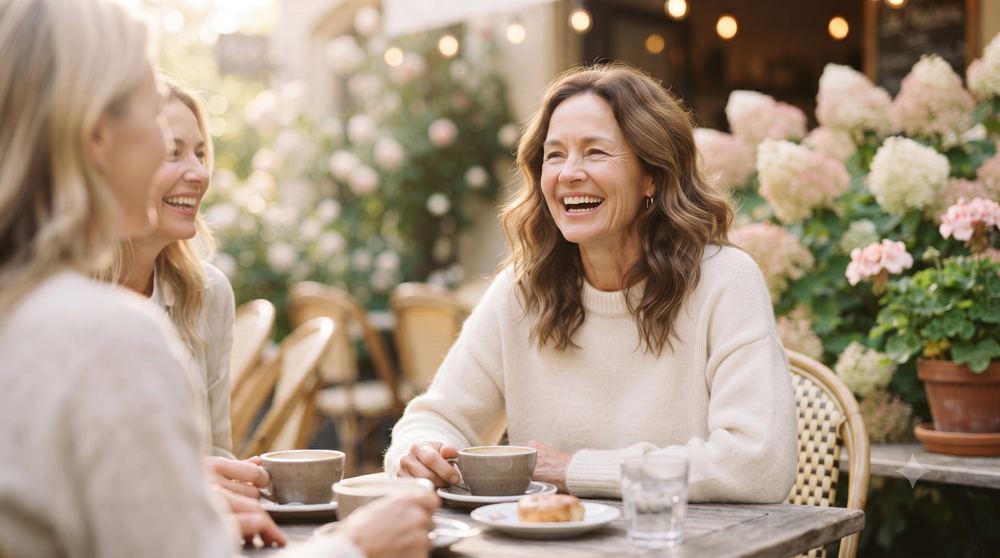 Woman laughing with friends at an outdoor cafe